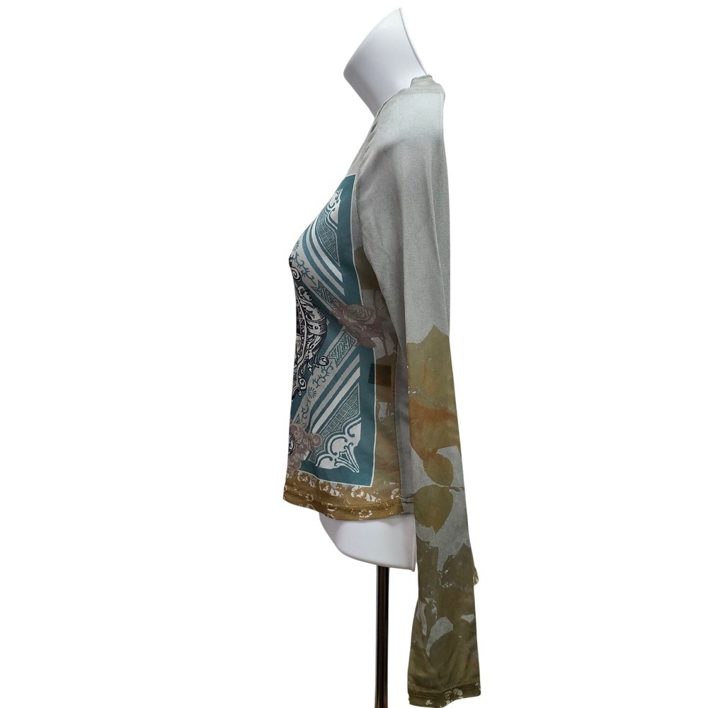 Women Love Me Graphic Mesh Long Sleeve Top Sage Green Y2K Grunge XS 2 - Picture 5 of 10